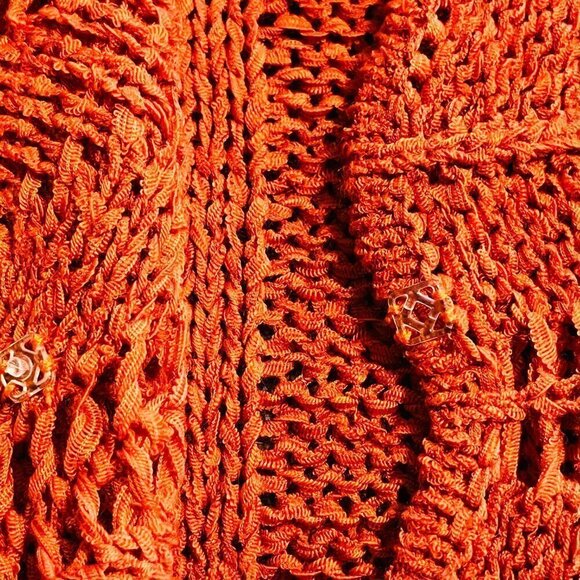Etoile Burnt Orange Open Knit One Button 3/4 Sleeve Cardigan Sweater - Picture 6 of 9